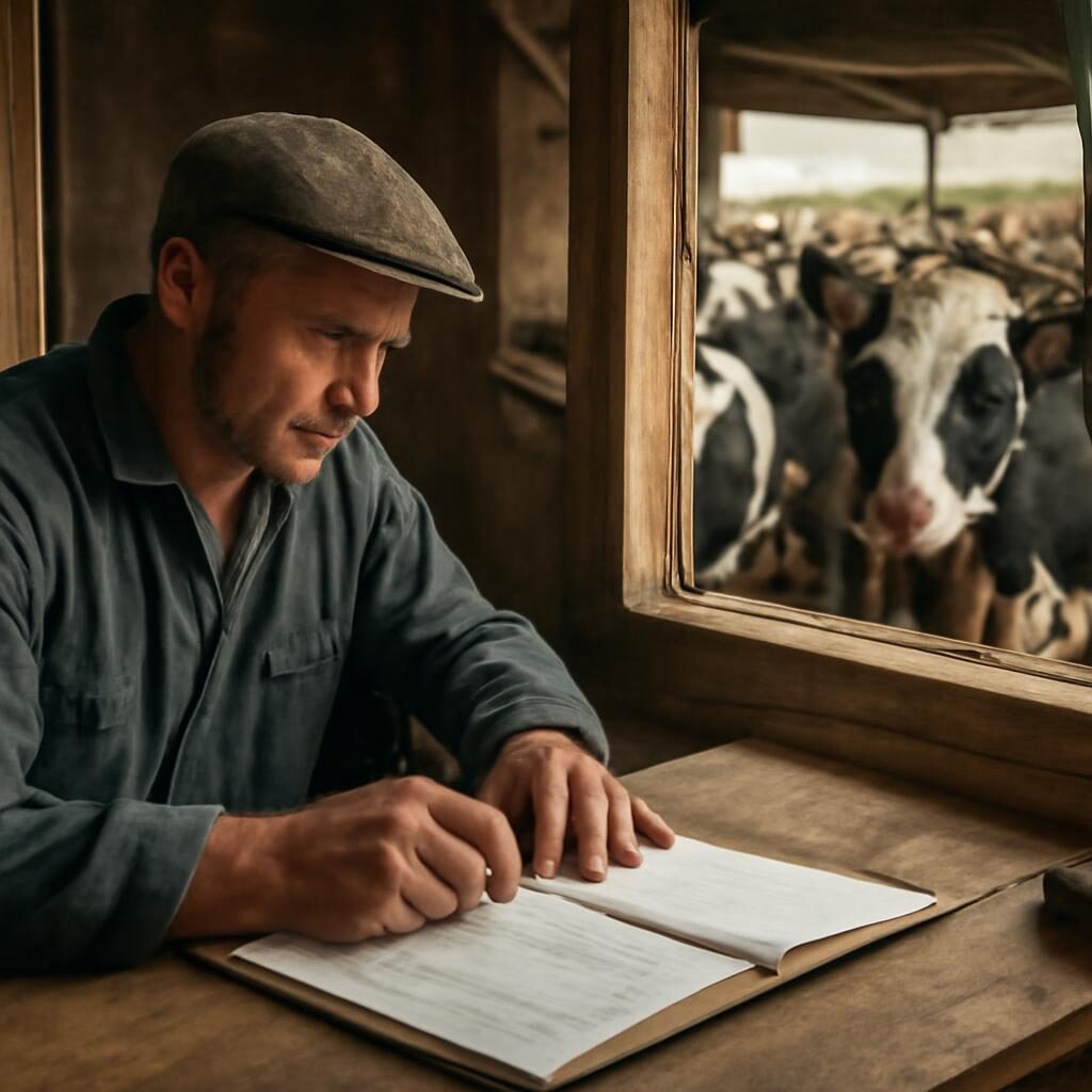 Eleveur consultant le registre herd-book avec des bovins en fond d etable