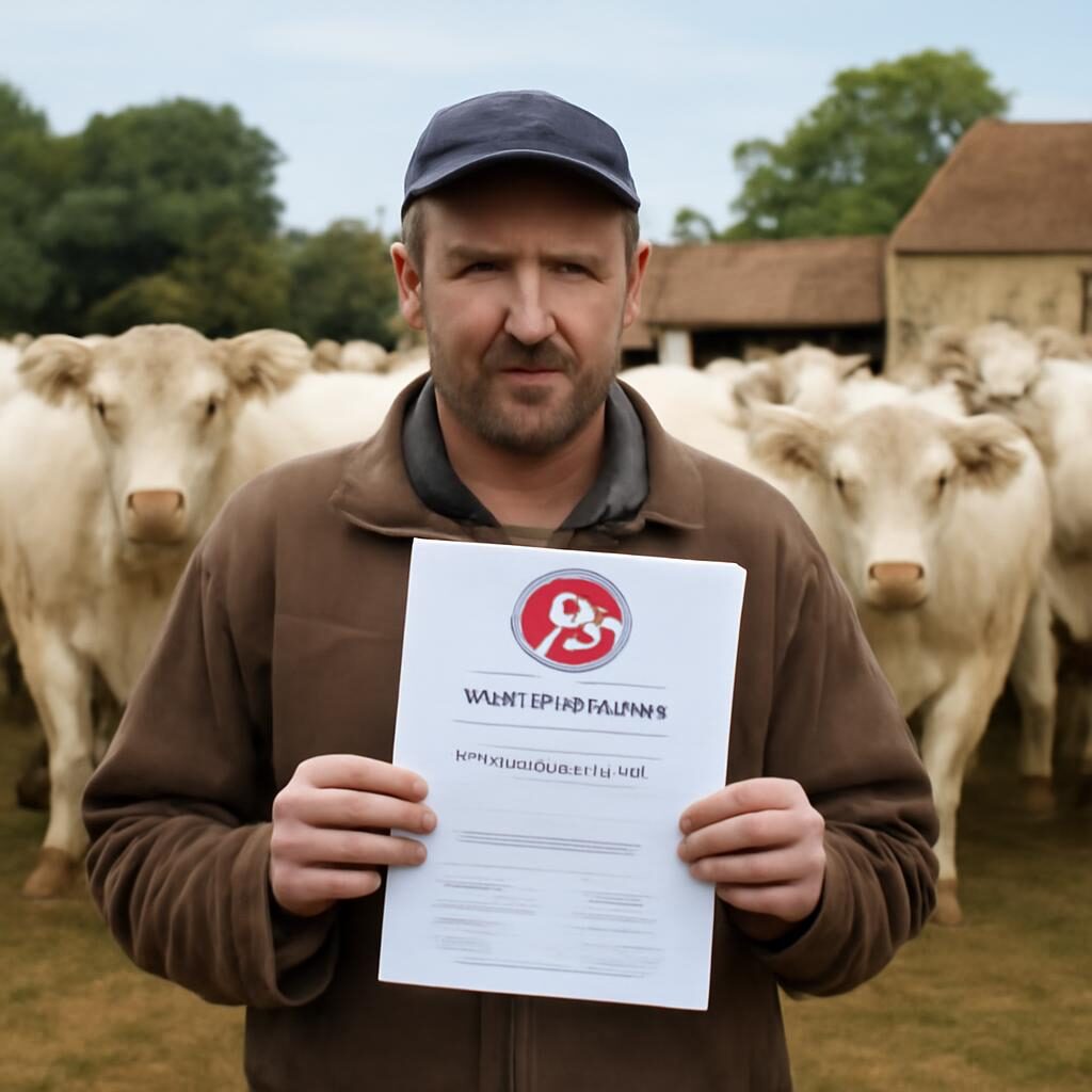 Éleveur avec certificat Label Rouge devant son troupeau Charolais
