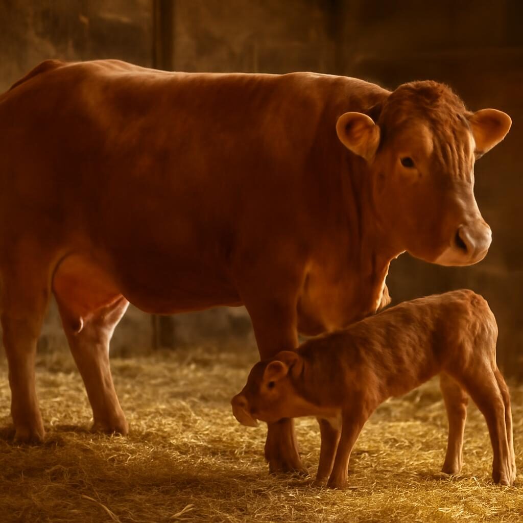 Veau sous la mere : limousine et son veau a l etable