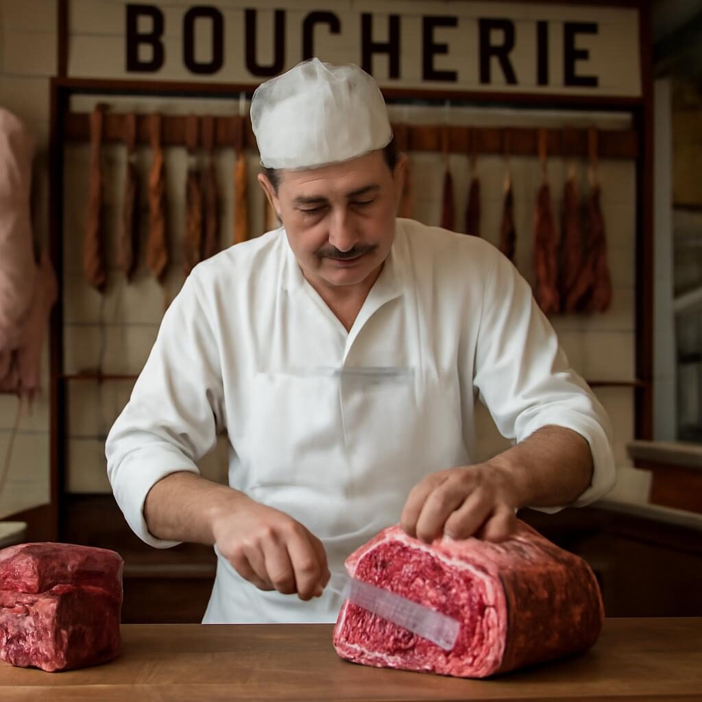 Boucher francais tranchant un rosbif persille en boucherie